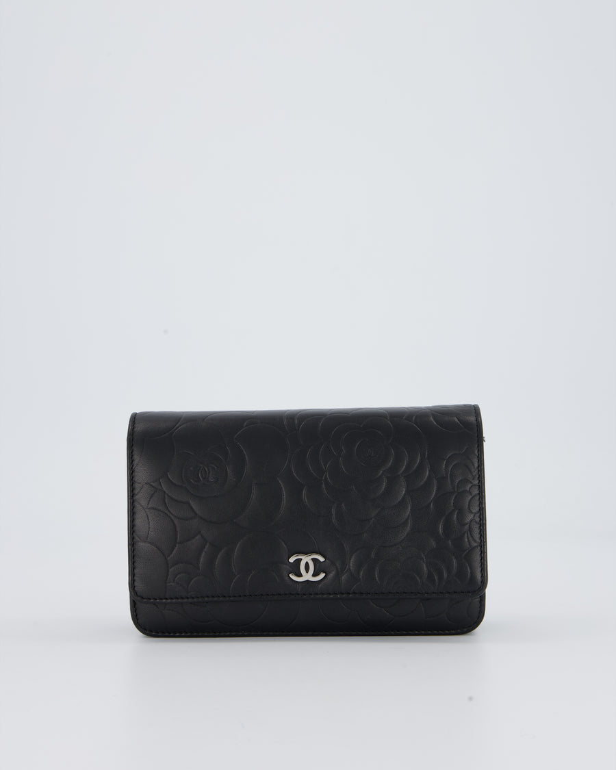 Chanel Camellia Black Wallet on Chain Bag in Lambskin Embossed Floral Leather with Silver Hardware