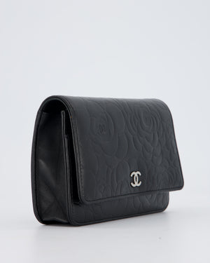 Chanel Camellia Black Wallet on Chain Bag in Lambskin Embossed Floral Leather with Silver Hardware