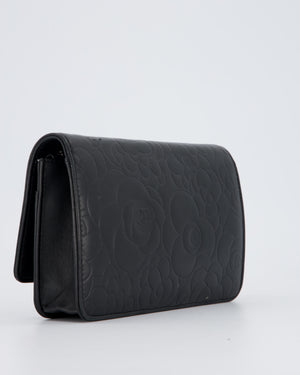 Chanel Camellia Black Wallet on Chain Bag in Lambskin Embossed Floral Leather with Silver Hardware