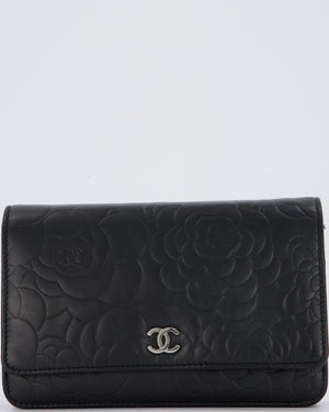 Chanel Camellia Black Wallet on Chain Bag in Lambskin Embossed Floral Leather with Silver Hardware
