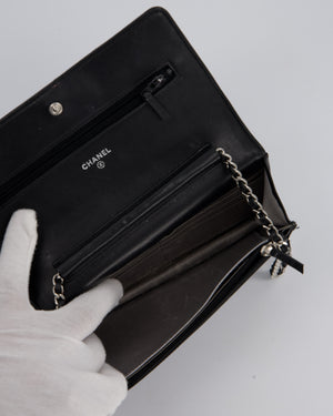 Chanel Camellia Black Wallet on Chain Bag in Lambskin Embossed Floral Leather with Silver Hardware