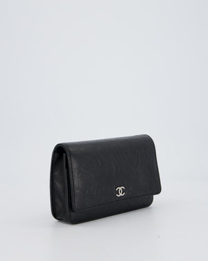 Chanel Camellia Black Wallet on Chain Bag in Lambskin Embossed Floral Leather with Silver Hardware