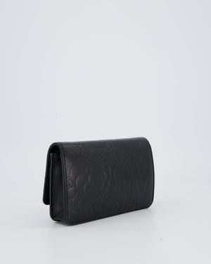 Chanel Camellia Black Wallet on Chain Bag in Lambskin Embossed Floral Leather with Silver Hardware