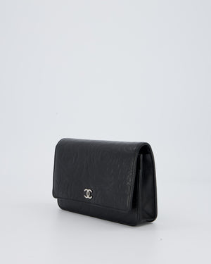 Chanel Camellia Black Wallet on Chain Bag in Lambskin Embossed Floral Leather with Silver Hardware
