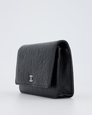 Chanel Camellia Black Wallet on Chain Bag in Lambskin Embossed Floral Leather with Silver Hardware