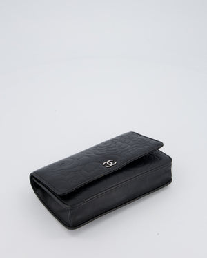 Chanel Camellia Black Wallet on Chain Bag in Lambskin Embossed Floral Leather with Silver Hardware