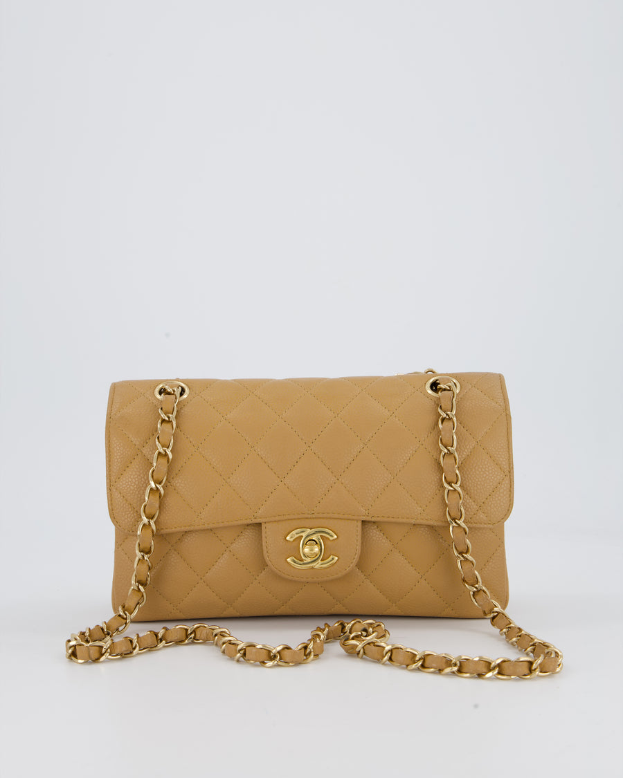 Chanel Vintage Beige Small Classic Double Flap Bag in Caviar Leather with 24K Gold Hardware