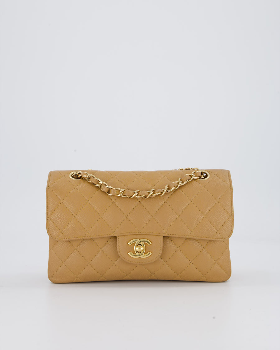 Chanel Vintage Beige Small Classic Double Flap Bag in Caviar Leather with 24K Gold Hardware