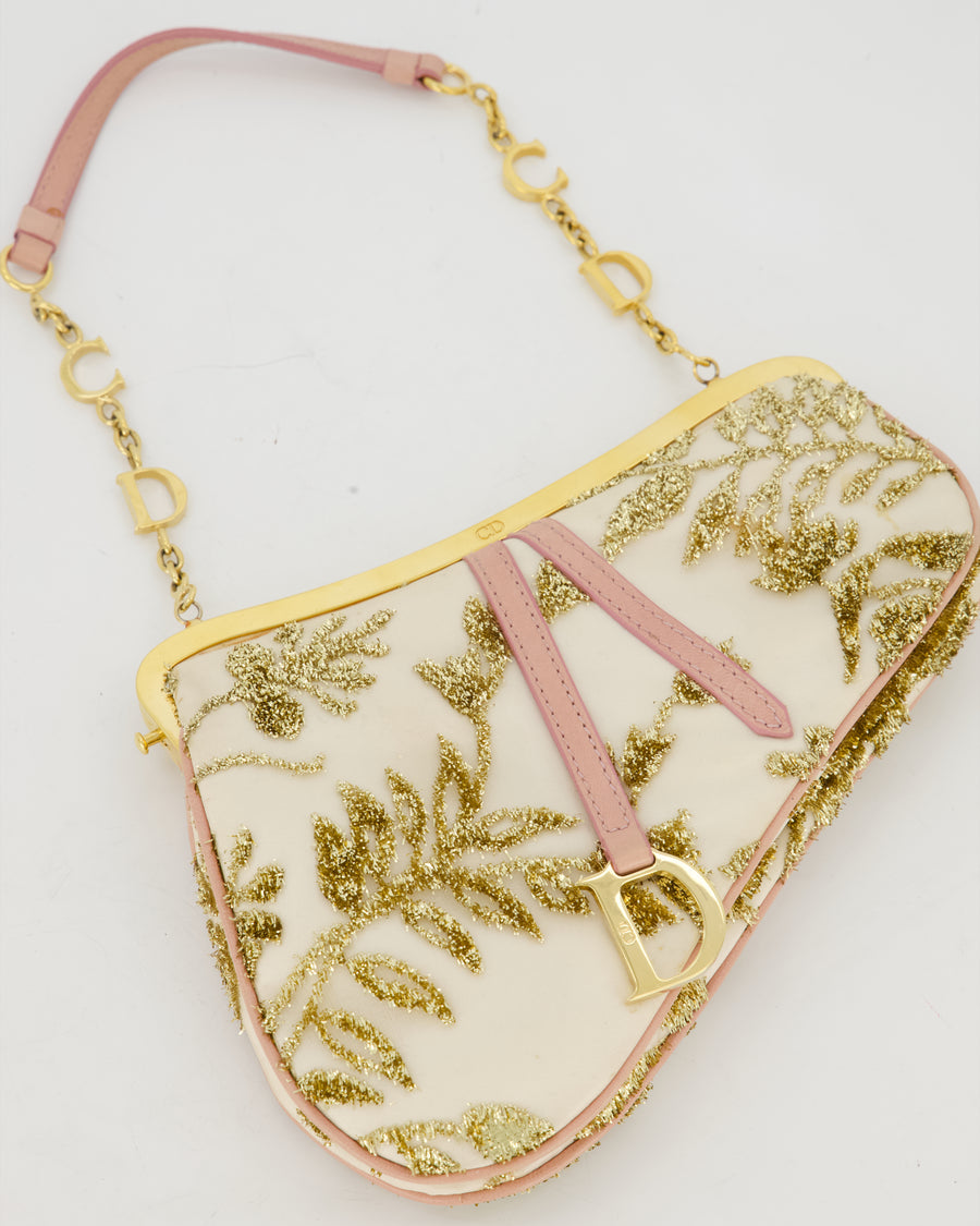 *Limited Edition* Christian Dior by John Galliano Vintage AW03 White, Pink, and Gold Embroidered Mini Frame Bag in Satin with Gold Hardware