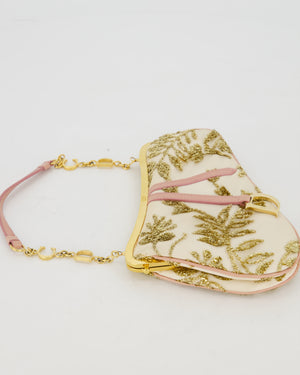 *Limited Edition* Christian Dior by John Galliano Vintage AW03 White, Pink, and Gold Embroidered Mini Frame Bag in Satin with Gold Hardware