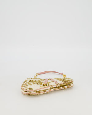 *Limited Edition* Christian Dior by John Galliano Vintage AW03 White, Pink, and Gold Embroidered Mini Frame Bag in Satin with Gold Hardware