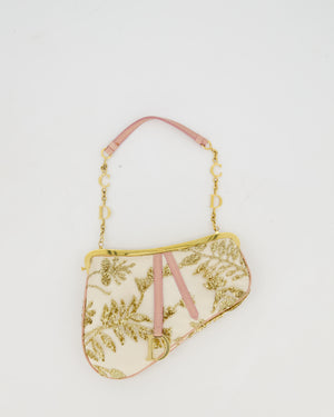 *Limited Edition* Christian Dior by John Galliano Vintage AW03 White, Pink, and Gold Embroidered Mini Frame Bag in Satin with Gold Hardware