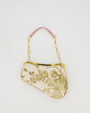 *Limited Edition* Christian Dior by John Galliano Vintage AW03 White, Pink, and Gold Embroidered Mini Frame Bag in Satin with Gold Hardware