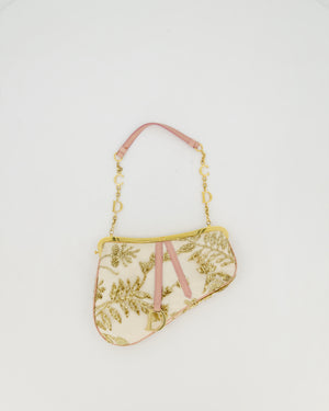 *Limited Edition* Christian Dior by John Galliano Vintage AW03 White, Pink, and Gold Embroidered Mini Frame Bag in Satin with Gold Hardware