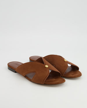 Loro Piana Vera Sandals in Brown Whiskey Suede Goatskin with Gold Logo Detail Size EU 38.5