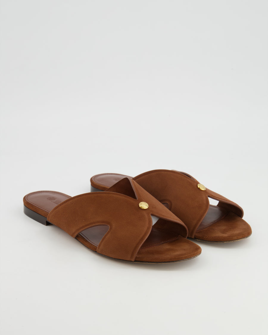 Loro Piana Vera Sandals in Brown Whiskey Suede Goatskin with Gold Logo Detail Size EU 38.5