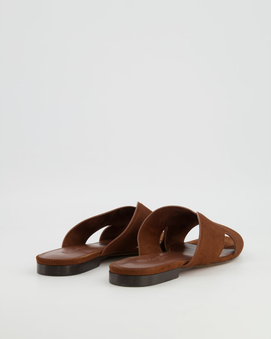 Loro Piana Vera Sandals in Brown Whiskey Suede Goatskin with Gold Logo Detail Size EU 38.5