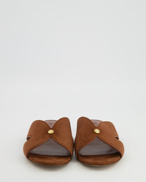 Loro Piana Vera Sandals in Brown Whiskey Suede Goatskin with Gold Logo Detail Size EU 38.5