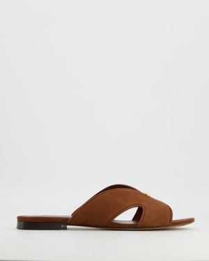 Loro Piana Vera Sandals in Brown Whiskey Suede Goatskin with Gold Logo Detail Size EU 38.5
