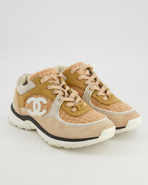 Chanel Beige Suede and Tweed CC Logo Trainers with White Logo Detail Size EU 38