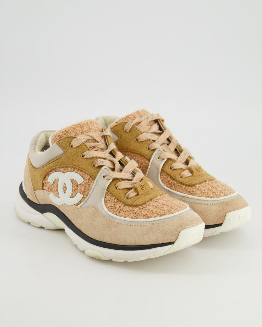 Chanel Beige Suede and Tweed CC Logo Trainers with White Logo Detail Size EU 38