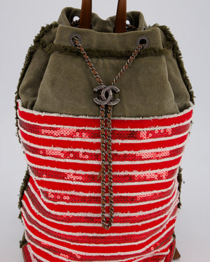 Chanel Cruise 2017 Khaki and Red Stripped Cubano Trip Backpack Bag In Canvas and Leather With Gunmetal Hardware
