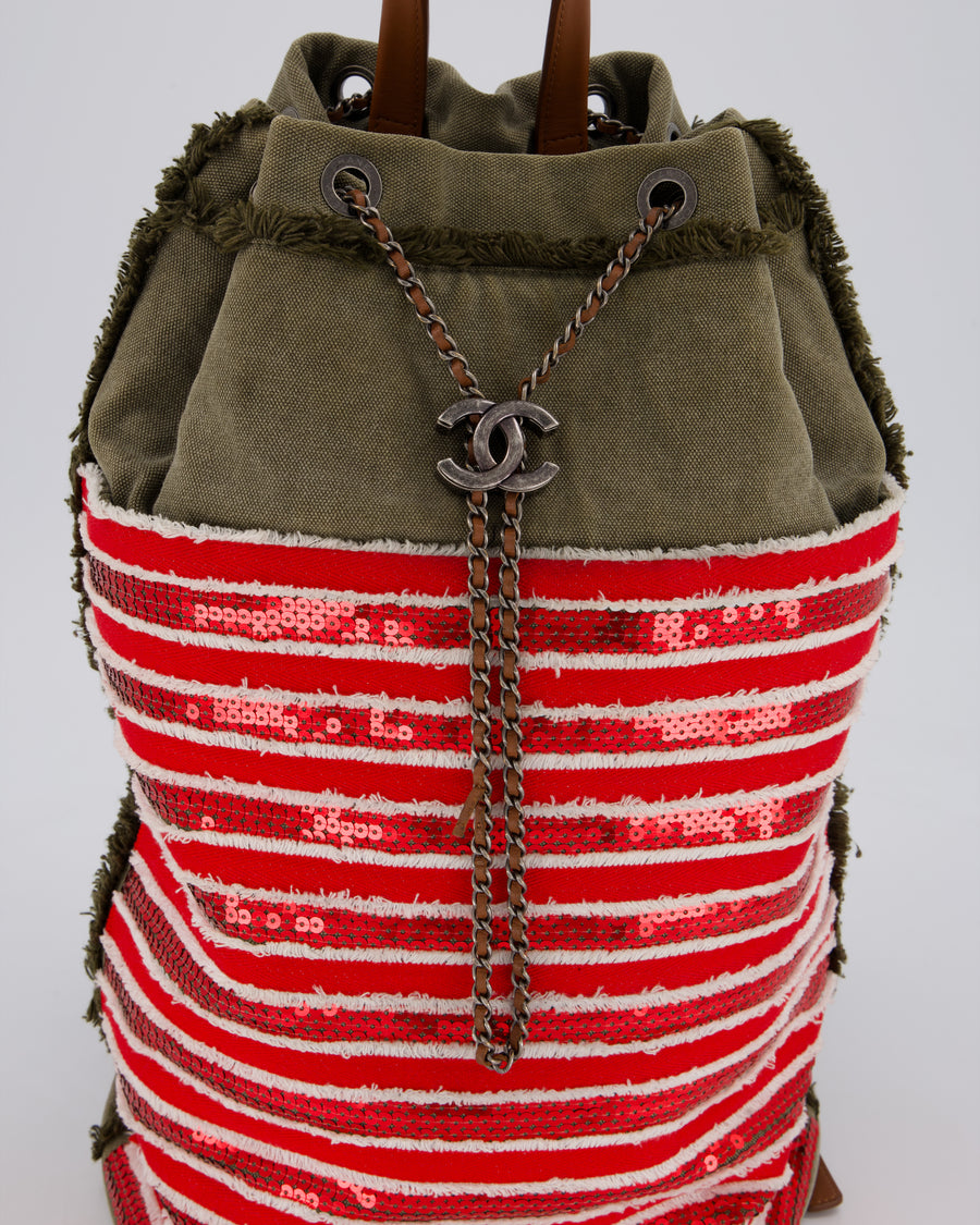 Chanel Cruise 2017 Khaki and Red Stripped Cubano Trip Backpack Bag In Canvas and Leather With Gunmetal Hardware