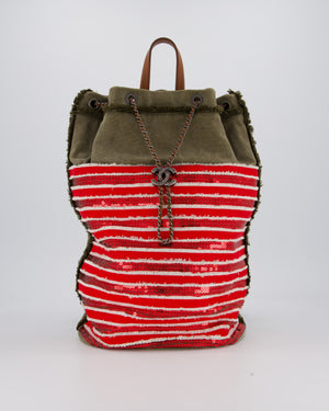 Chanel Cruise 2017 Khaki and Red Stripped Cubano Trip Backpack Bag In Canvas and Leather With Gunmetal Hardware