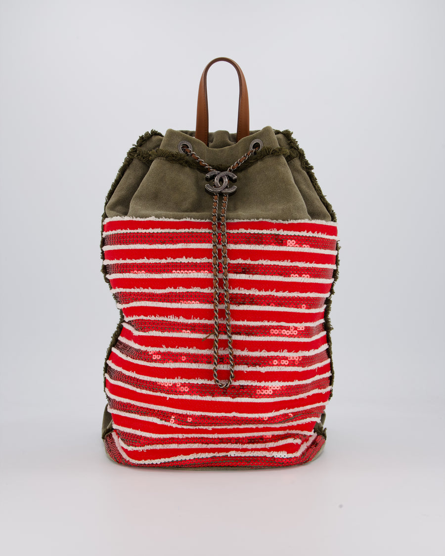 Chanel Cruise 2017 Khaki and Red Stripped Cubano Trip Backpack Bag In Canvas and Leather With Gunmetal Hardware