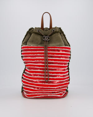 Chanel Cruise 2017 Khaki and Red Stripped Cubano Trip Backpack Bag In Canvas and Leather With Gunmetal Hardware