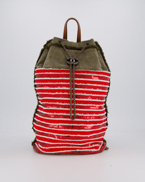Chanel Cruise 2017 Khaki and Red Stripped Cubano Trip Backpack Bag In Canvas and Leather With Gunmetal Hardware