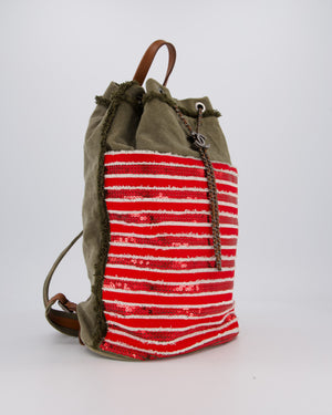 Chanel Cruise 2017 Khaki and Red Stripped Cubano Trip Backpack Bag In Canvas and Leather With Gunmetal Hardware