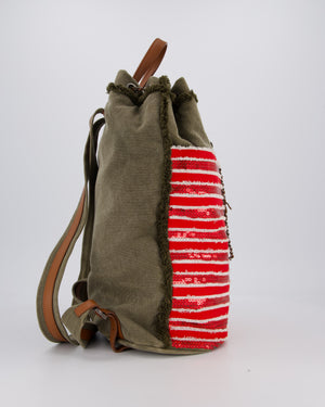 Chanel Cruise 2017 Khaki and Red Stripped Cubano Trip Backpack Bag In Canvas and Leather With Gunmetal Hardware