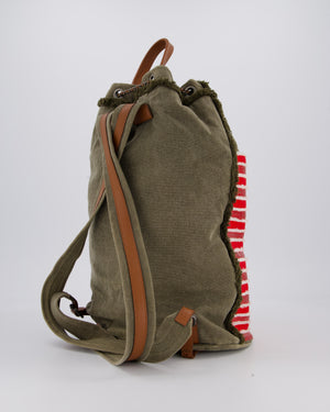 Chanel Cruise 2017 Khaki and Red Stripped Cubano Trip Backpack Bag In Canvas and Leather With Gunmetal Hardware