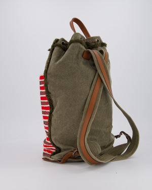 Chanel Cruise 2017 Khaki and Red Stripped Cubano Trip Backpack Bag In Canvas and Leather With Gunmetal Hardware