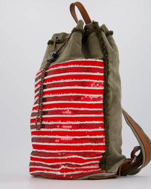 Chanel Cruise 2017 Khaki and Red Stripped Cubano Trip Backpack Bag In Canvas and Leather With Gunmetal Hardware