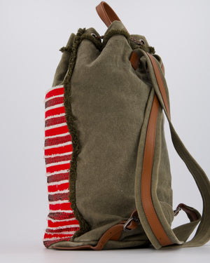 Chanel Cruise 2017 Khaki and Red Stripped Cubano Trip Backpack Bag In Canvas and Leather With Gunmetal Hardware