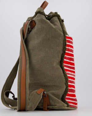 Chanel Cruise 2017 Khaki and Red Stripped Cubano Trip Backpack Bag In Canvas and Leather With Gunmetal Hardware