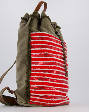 Chanel Cruise 2017 Khaki and Red Stripped Cubano Trip Backpack Bag In Canvas and Leather With Gunmetal Hardware