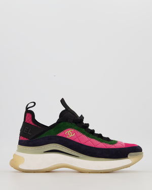 Chanel AW21 Pink, Green, and Navy Blue Suede CC Logo Trainers with Gold Logo Detail Size EU 37