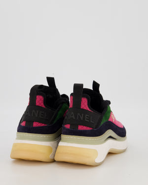 Chanel AW21 Pink, Green, and Navy Blue Suede CC Logo Trainers with Gold Logo Detail Size EU 37