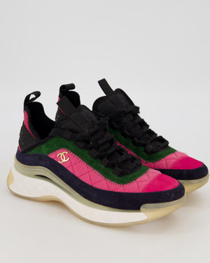 Chanel AW21 Pink, Green, and Navy Blue Suede CC Logo Trainers with Gold Logo Detail Size EU 37