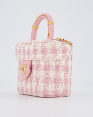 Chanel 23S Pink & Ecru Small Top Handle Crush Tweed Vanity Case Bag with Gold Hardware