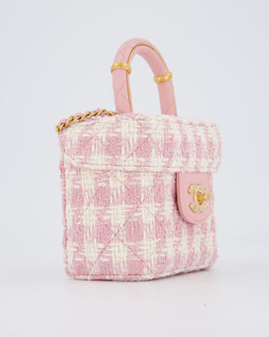 Chanel 23S Pink & Ecru Small Top Handle Crush Tweed Vanity Case Bag with Gold Hardware