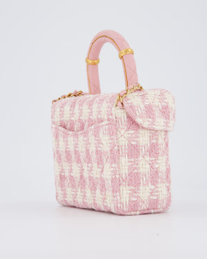 Chanel 23S Pink & Ecru Small Top Handle Crush Tweed Vanity Case Bag with Gold Hardware