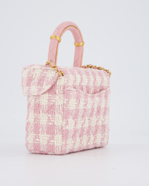 Chanel 23S Pink & Ecru Small Top Handle Crush Tweed Vanity Case Bag with Gold Hardware