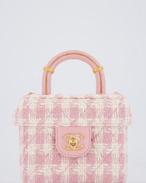 Chanel 23S Pink & Ecru Small Top Handle Crush Tweed Vanity Case Bag with Gold Hardware