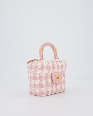 Chanel 23S Pink & Ecru Small Top Handle Crush Tweed Vanity Case Bag with Gold Hardware