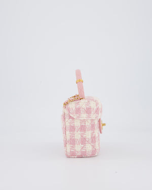 Chanel 23S Pink & Ecru Small Top Handle Crush Tweed Vanity Case Bag with Gold Hardware