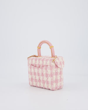 Chanel 23S Pink & Ecru Small Top Handle Crush Tweed Vanity Case Bag with Gold Hardware